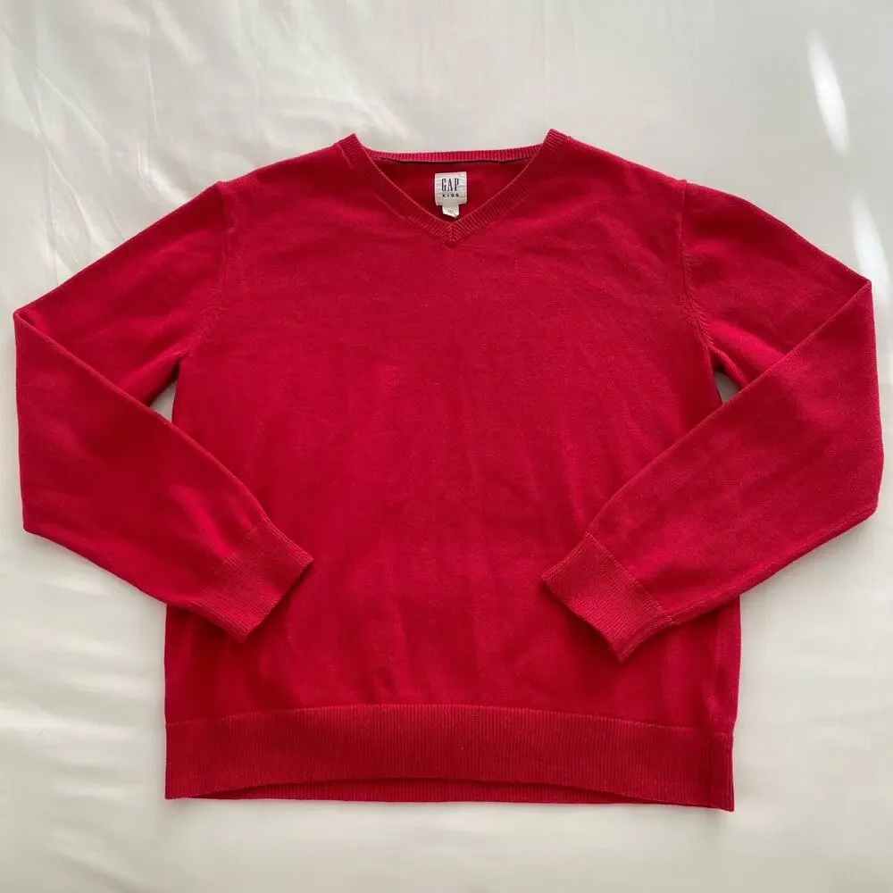 Gap Kids Boys Red Knit Sweater V-Neck Cotton Longsleeve Everyday Size XXL 14-16